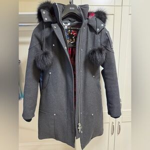 ❗️Special Edition❗️Moose Knuckles Charcoal Long Puffer Coat with Fur Pom Accents